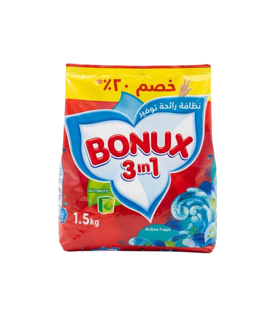 Bonux 3in1 Powder Active Fresh 20% 1.5Kg  بونكس مسحوق ٣ في ١ برائحة الانتعاش النشط