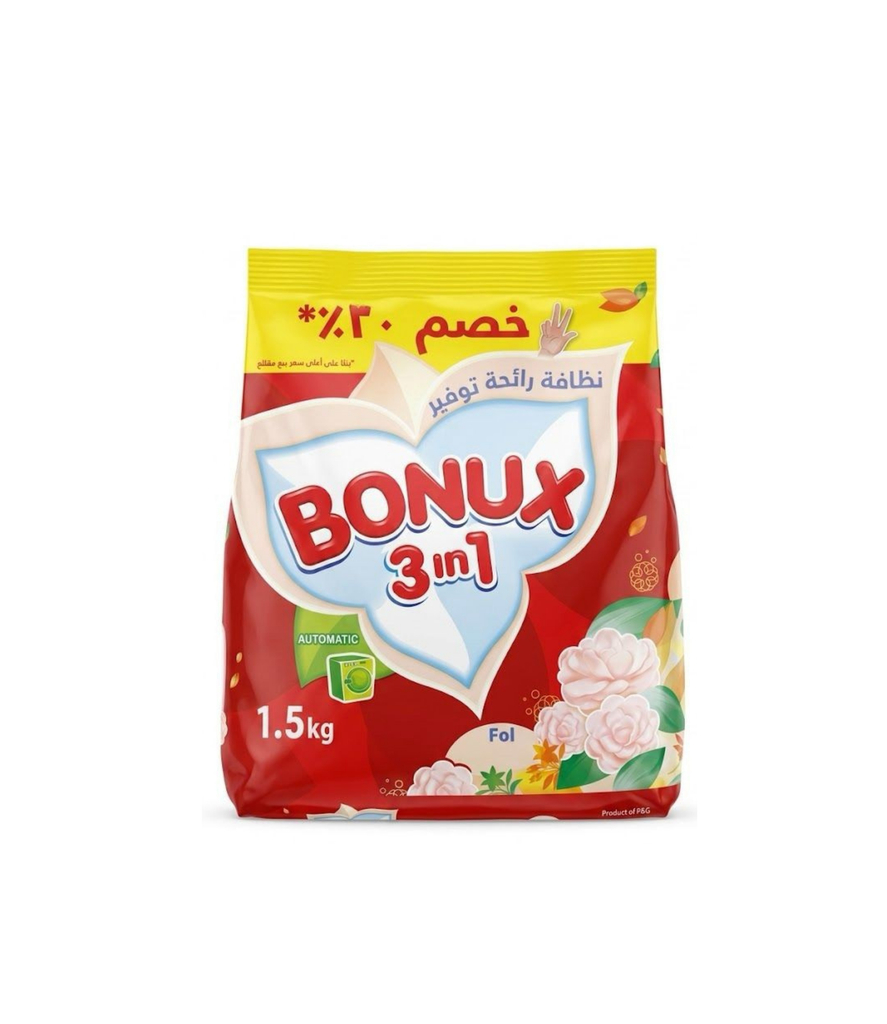 Bonux 3in1 Powder Jasmine 20% 1.5Kg - بونكس مسحوق ٣ في ١ برائحة بودرة الياسمين