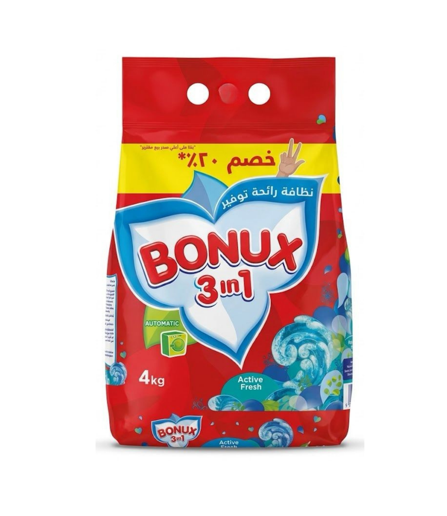 Bonux 3in1 Powder Active Fresh 20% 4Kg - بونكس مسحوق ٣ في ١ برائحة الانتعاش النشط