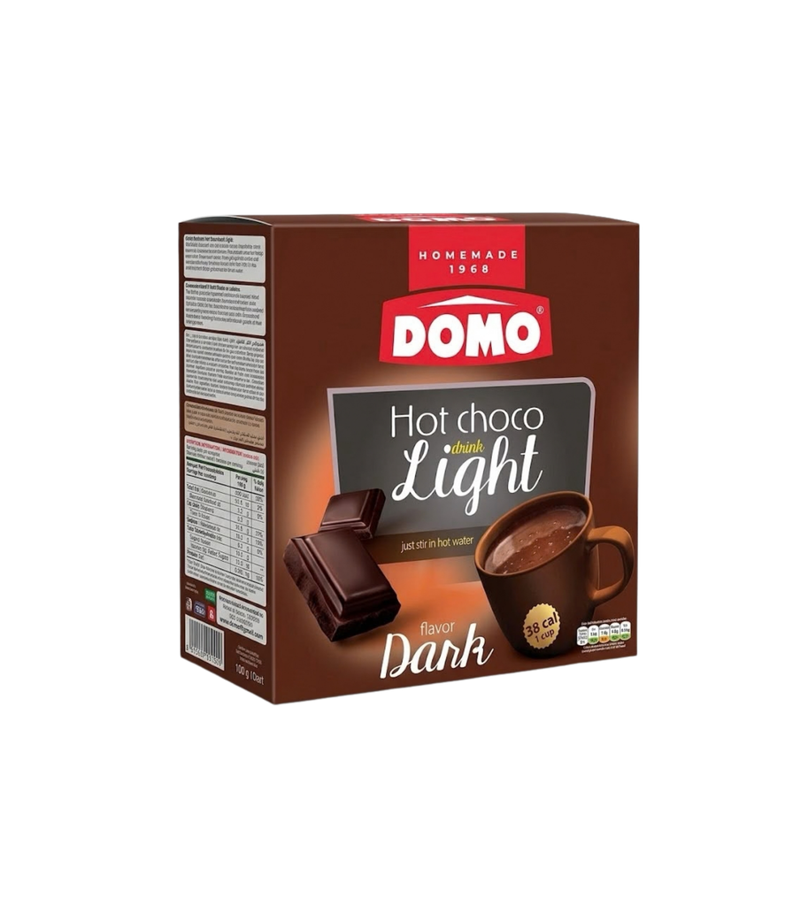 Domo Hot Choco Drink Light  Dark Chocolate Flavor 24x10g - دومو مشروب شوكولاتة ساخنة لايت بنكهة الشوكولاتة الداكنة   