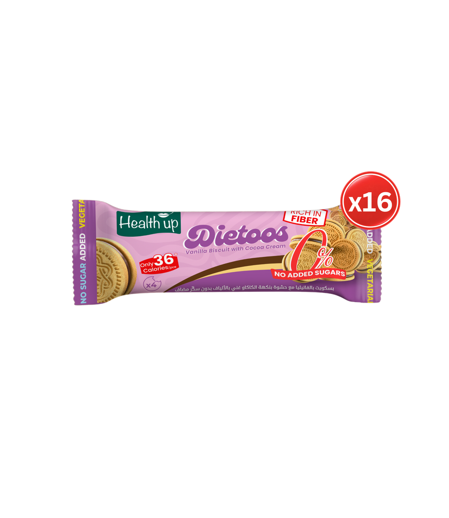 Health UP Dietoos Vanilla Biscuit with Cocoa Cream Rich in Fiber 16*42g - هيلث أب بسكويت ديتوس بالفانيليا ومحشو بكريمة الكاكاو