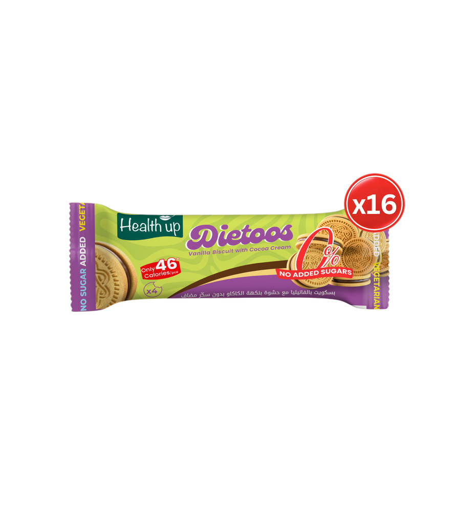 Health UP Dietoos SF Vanilla Biscuit  + Cocoa Cream 16*44g-هيلث أب ديتوس  بسكويت بالفانيليا مع كريمة الكاكاو
