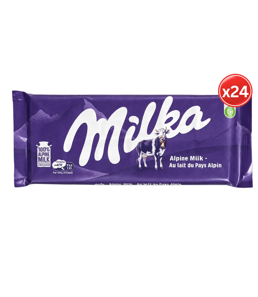 Milka - Chocolate Bar Alpine Milk 24*98g - شوكولاتة ميلكا بالحليب الألبيني