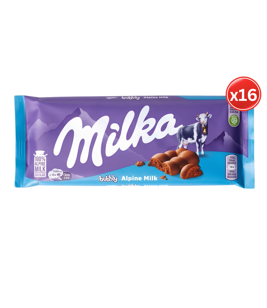 Milka - Chocolate Bar Bubbly Alpine Milk 16*90g-شوكولاتة ميلكا بابلِي بالحليب الألبيني