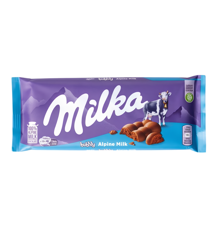 Milka - Chocolate Bar Bubbly Alpine Milk 90g-شوكولاتة ميلكا بابلِي بالحليب الألبيني