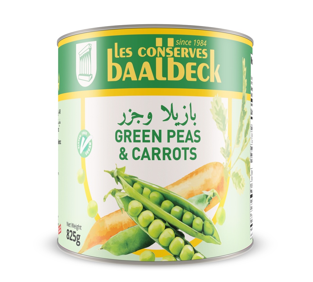 Processed Green Peas & Carrots 825g - Baalback-بازيلا وجزر مطبوخ 