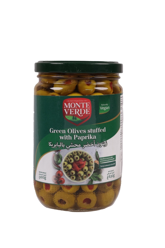 Green Olives - Stuffed Paprika 600g monte verde زيتون - محشي بالفلفل الحلو - Jar