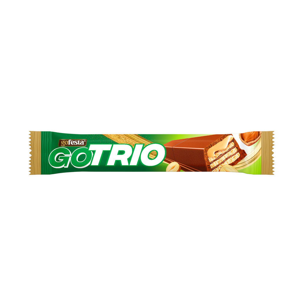 Go trio wafer filled with  hazelnut cream and  coated with milk  chocolate  33g -ويفر بكريمة البندق