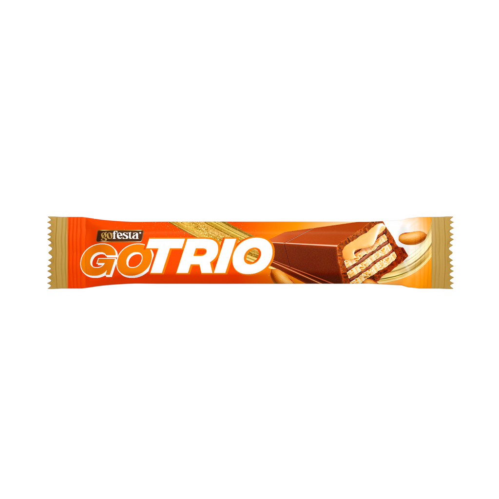 Go trio wafer filled with  chocolate crean and  coated with peanuts  and milk chocolate  33g -ويفر بالفول السوداني