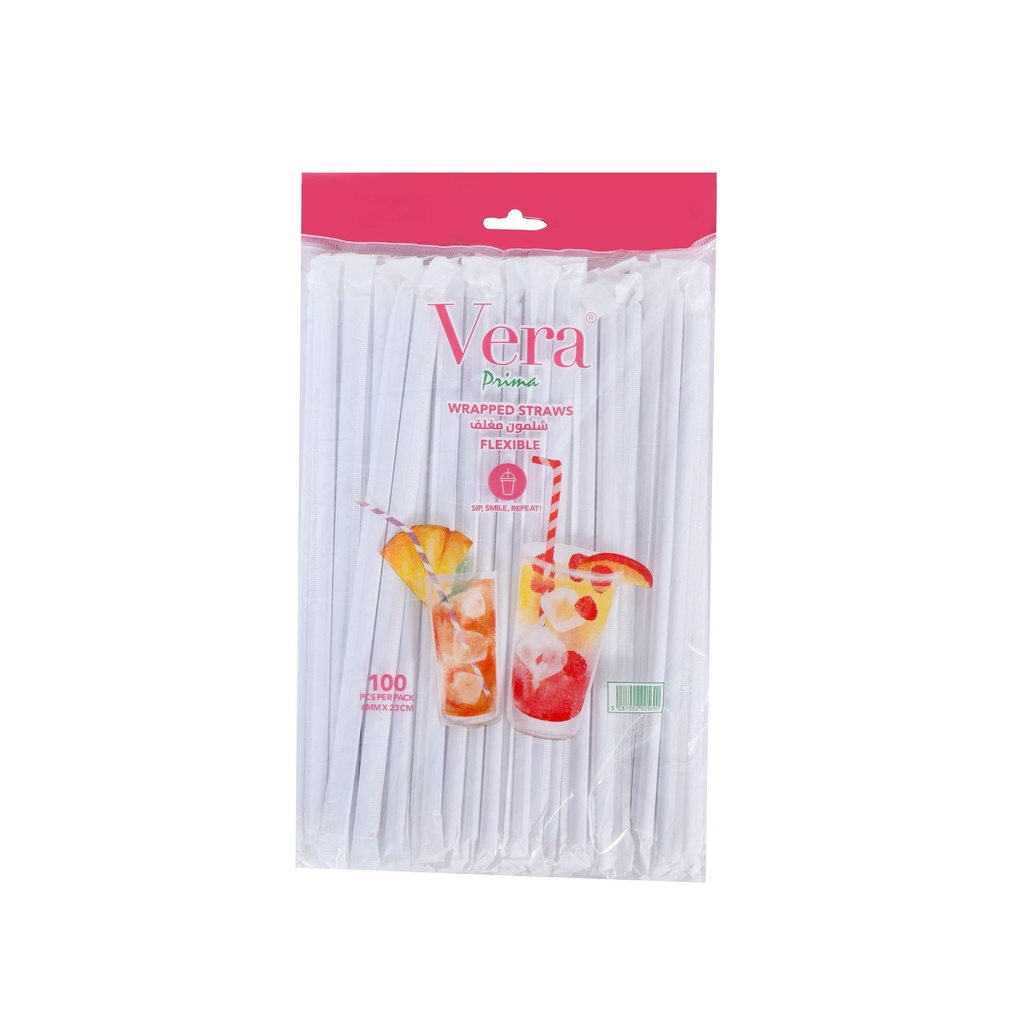 Vera Straw (Pack of 20) (White, 100, Plastic, Flexible Wrapped) قشّة 