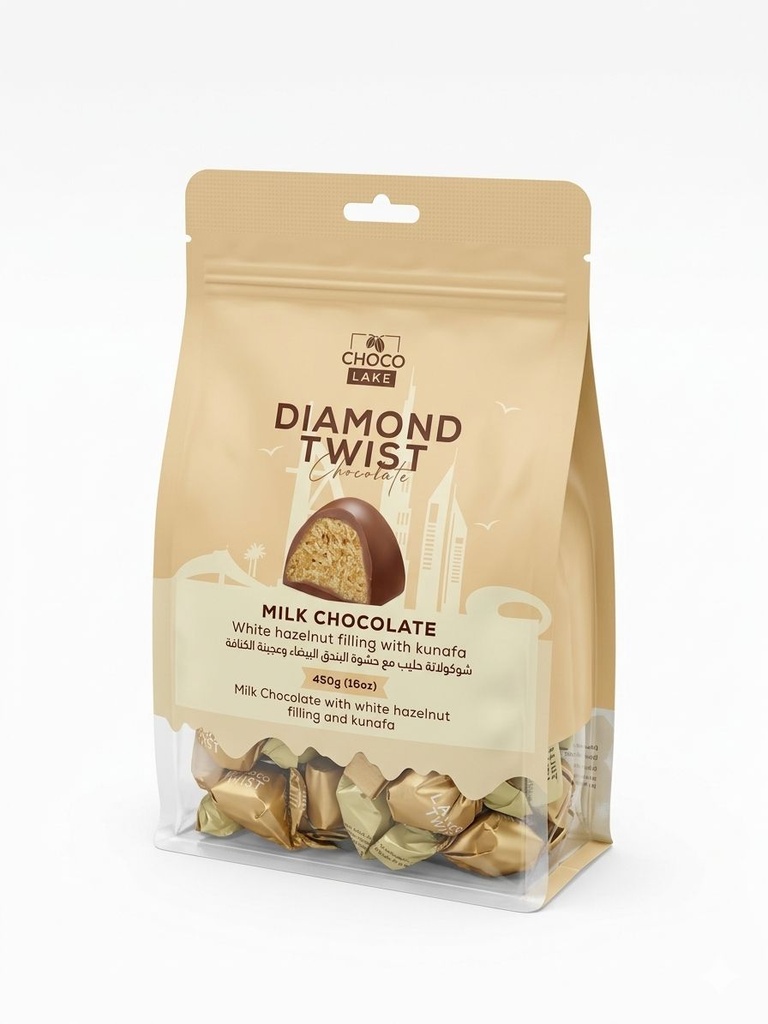 Diamond Twist Milk Chocolate White Hazelnut & Kunafa 450g - دايموند تويست شوكولاتة بالحليب بالبندق الأبيض والكنافة