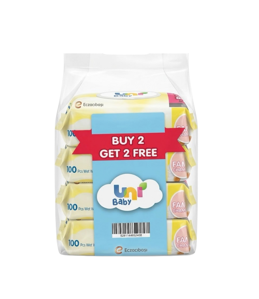Prom Uni Baby Family Wet Wipes 100 Sheets Chamomille 2+2 - عرض يوني بيبي مناديل مبللة عبوة عائلية بخلاصة البابونج (١٠٠ منديل) ٢+٢ مجانًا