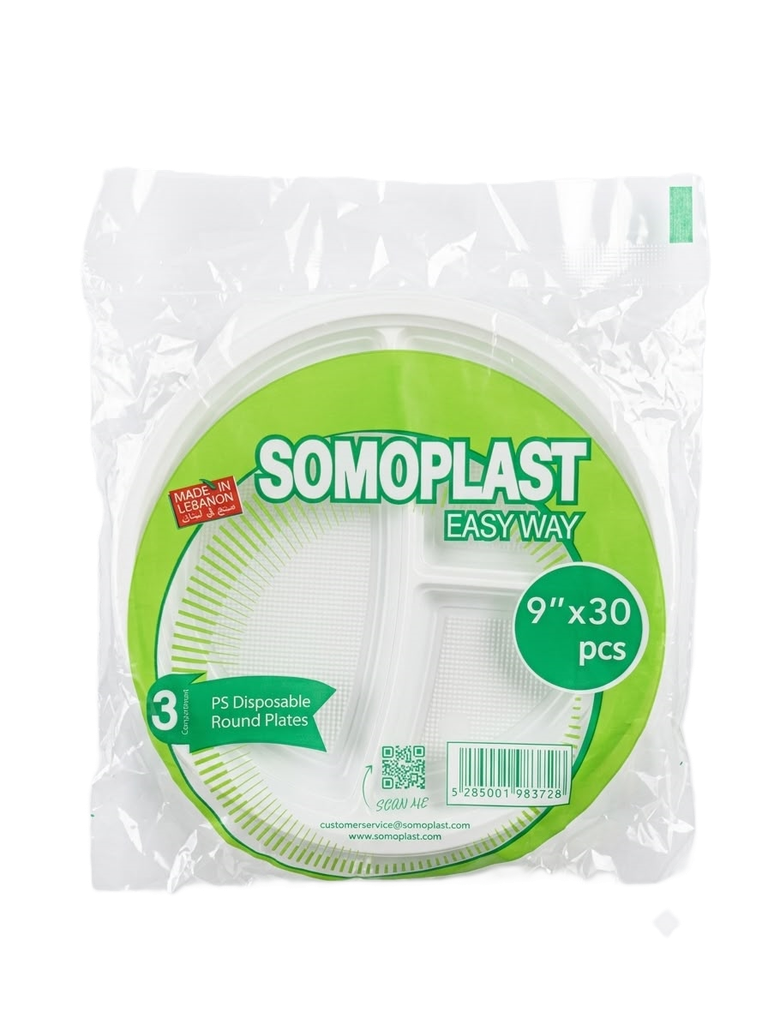 Somo Plast Plastic Plates 9 inch 3 Conpartment (30 pcs) - سومو بلاست أطباق بلاستيكية قياس 9 إنش مقسّمة إلى 3 أقسام (عبوة 30 قطعة)