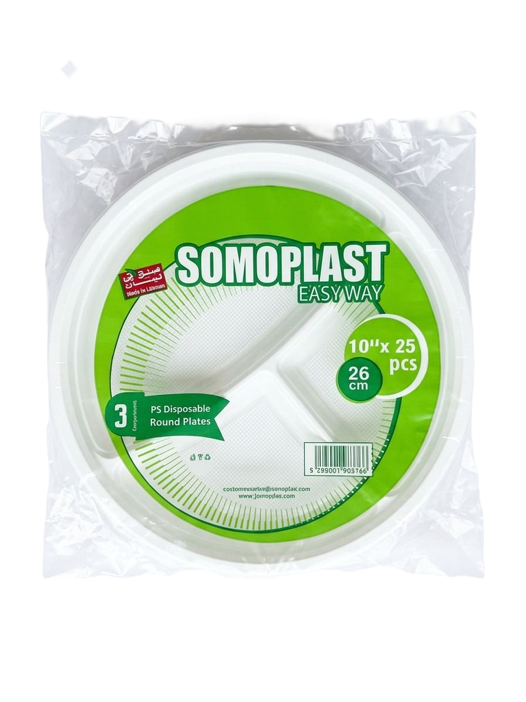 Somo Plast Plastic Plates 10 inch 3 Conpartment (25 pcs) - سومو بلاست أطباق بلاستيكية قياس 10 إنش مقسّمة إلى 3 أقسام (عبوة 25 قطعة)