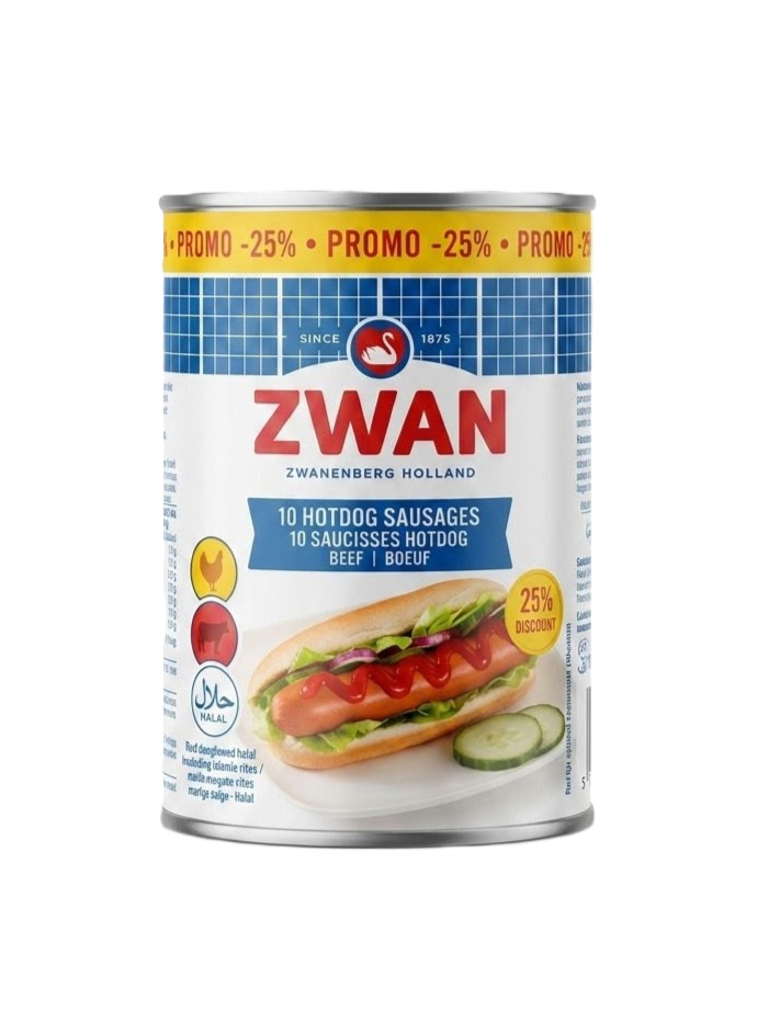 Zwan Beef Hot Dogs Tins 200g Promo -25% - زوان هوت دوغ لحم بقري
